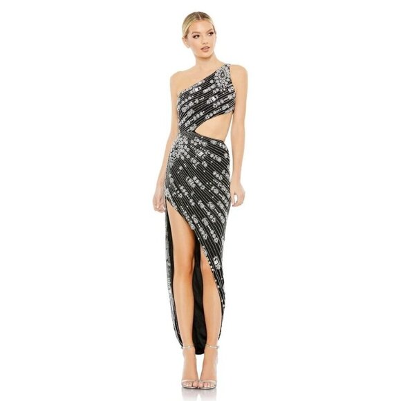 Mac Duggal 10880 One-Shoulder Cut Out Black Evening Gown Size 2 NWT Pearls Beads